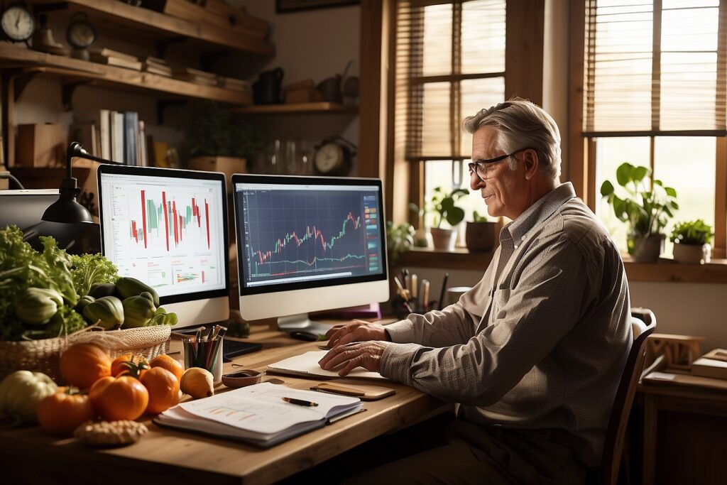 CountryWide Farmer_A_farmer_in_a_cozy_home_office_analyzing_graphs
