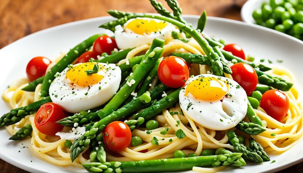 bucatini with spring vegetables and a poached egg